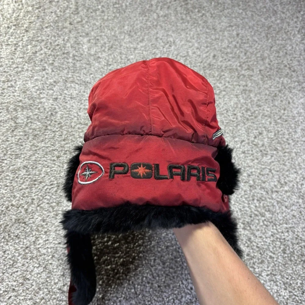 Polaris Trapper Hat‎ Mens XL Red Rabbit Fur Lined Nylon Snowmobile Ski Winter